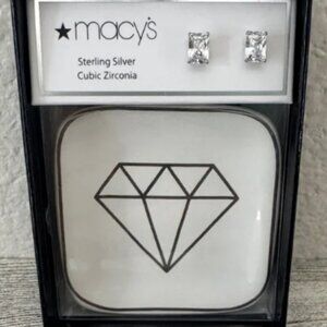 Macy’s Sterling Silver 925 Cubic Zirconia Emerald Cut Earrings-Trinket Tray NIB